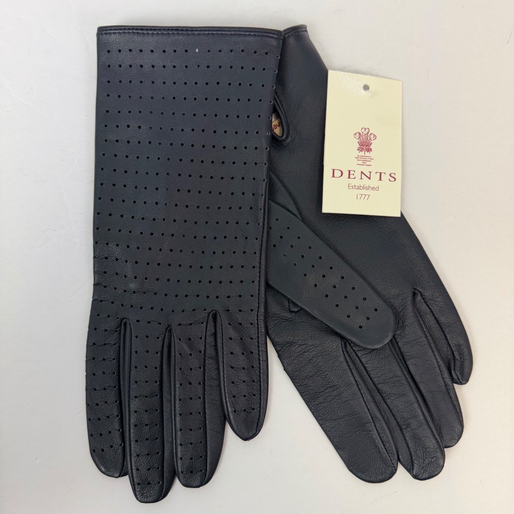 Dents Navy Blue Fine Leather Perforated Gloves Size 7.5 Style 7-3010 NWT